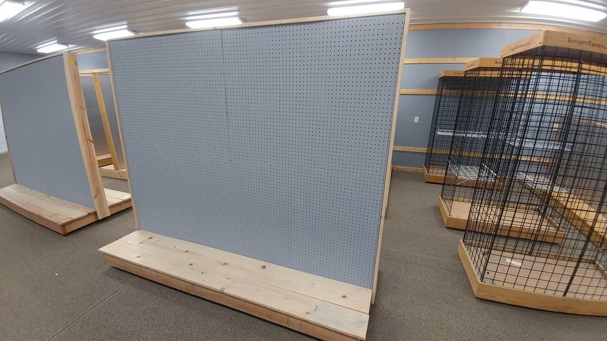 ROLLING PEGBOARD SHELF, WOODEN FRAME W/PRESSBOARD SIDES (97"Wx81"Hx37"D)