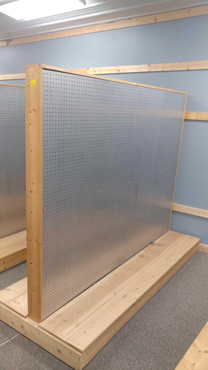 ROLLING PEGBOARD SHELF, WOODEN FRAME W/STEEL SIDES (95"Wx76"Hx38"D)