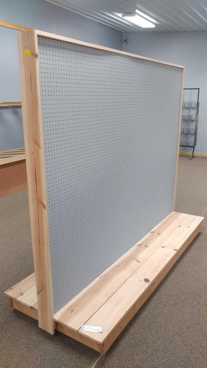 ROLLING PEGBOARD SHELF, WOODEN FRAME W/PRESSBOARD SIDES (97"Wx81"Hx37"D)