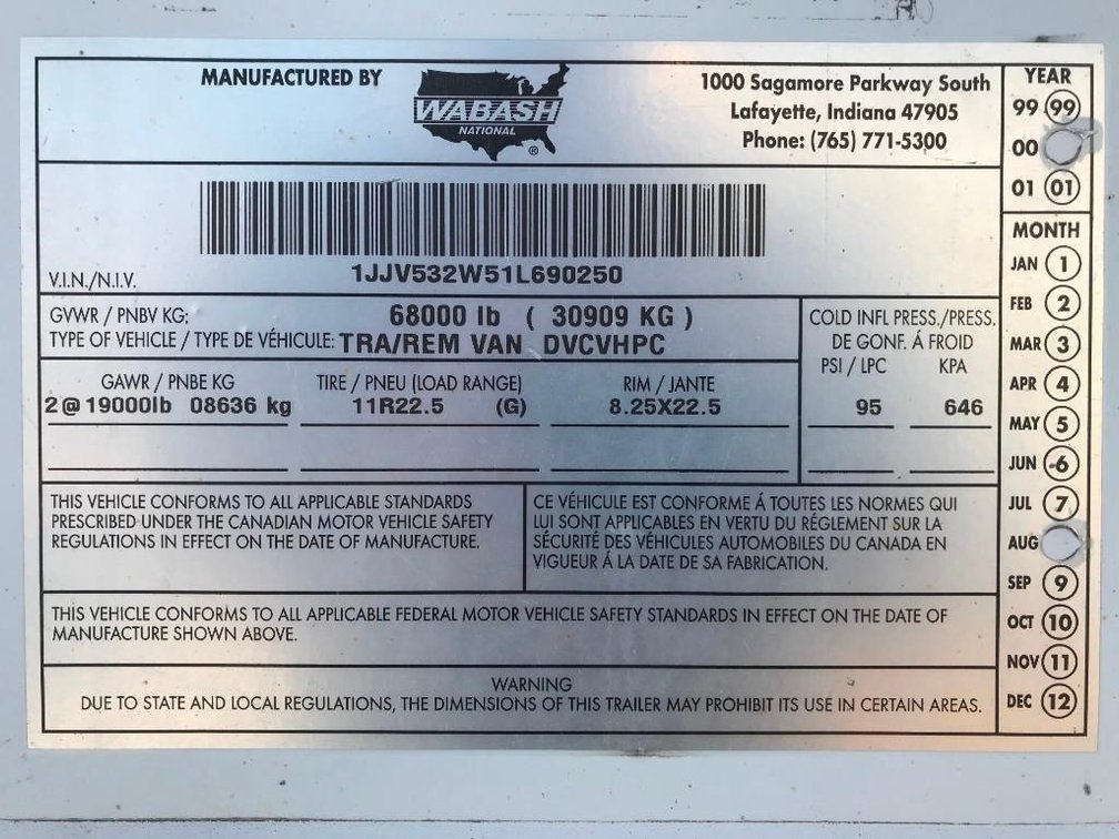 2001 WABASH NATIONAL SEMI VAN TRAILER 53' ROLL UP REAR DOOR VIN #: 1JJV532W51L690250