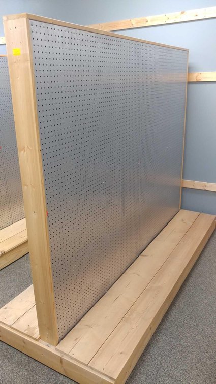 ROLLING PEGBOARD SHELF, WOODEN FRAME W/STEEL SIDES (95"Wx76"Hx38"D)