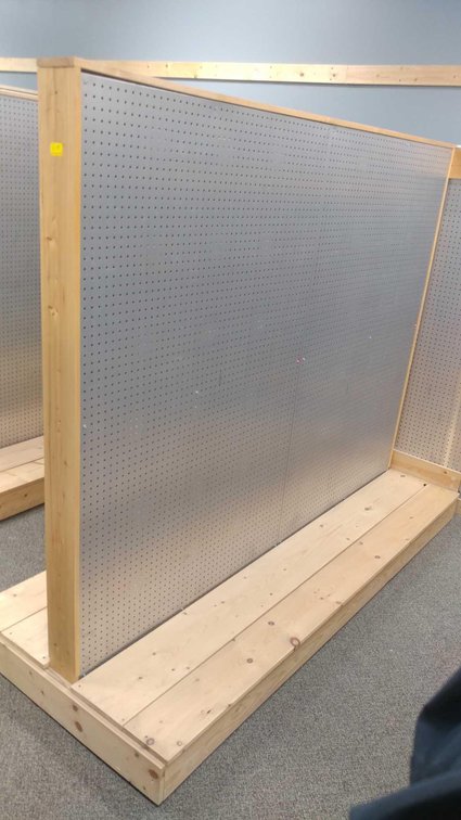 ROLLING PEGBOARD SHELF, WOODEN FRAME W/STEEL SIDES (95"Wx76"Hx38"D) W/END PANNEL