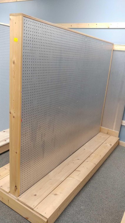 ROLLING PEGBOARD SHELF, WOODEN FRAME W/STEEL SIDES (95"Wx76"Hx38"D) W/END PANNEL