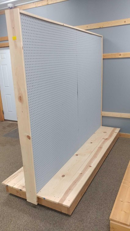 ROLLING PEGBOARD SHELF, WOODEN FRAME W/PRESSBOARD SIDES (97"Wx81"Hx37"D)