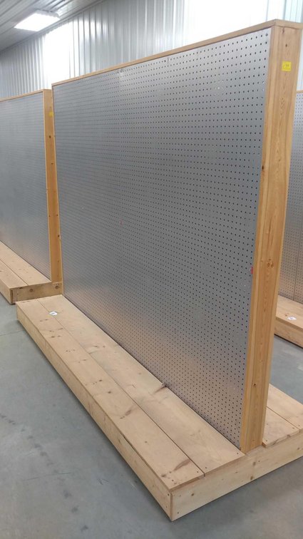 ROLLING PEGBOARD SHELF, WOODEN FRAME W/STEEL SIDES (95"Wx76"Hx38"D)