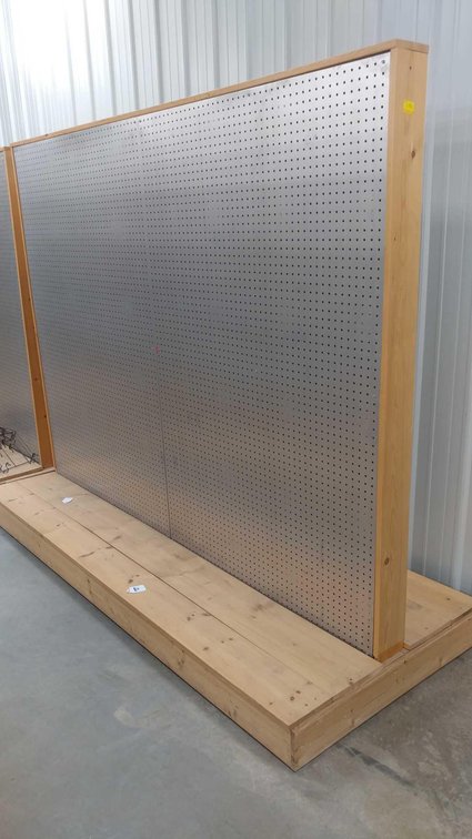 ROLLING PEGBOARD SHELF, WOODEN FRAME W/STEEL SIDES (95"Wx76"Hx38"D)