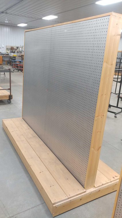 ROLLING PEGBOARD SHELF, WOODEN FRAME W/STEEL SIDES (95"Wx76"Hx38"D)