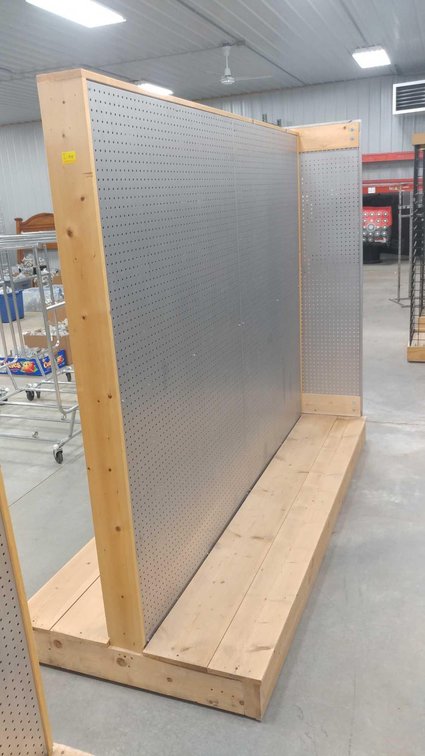 ROLLING PEGBOARD SHELF, WOODEN FRAME W/STEEL SIDES (95"Wx76"Hx38"D) W/END PANNEL