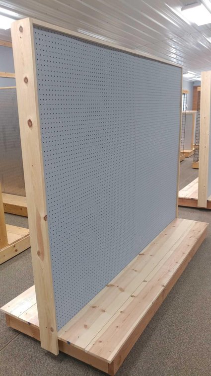 ROLLING PEGBOARD SHELF, WOODEN FRAME W/PRESSBOARD SIDES (97"Wx81"Hx37"D)
