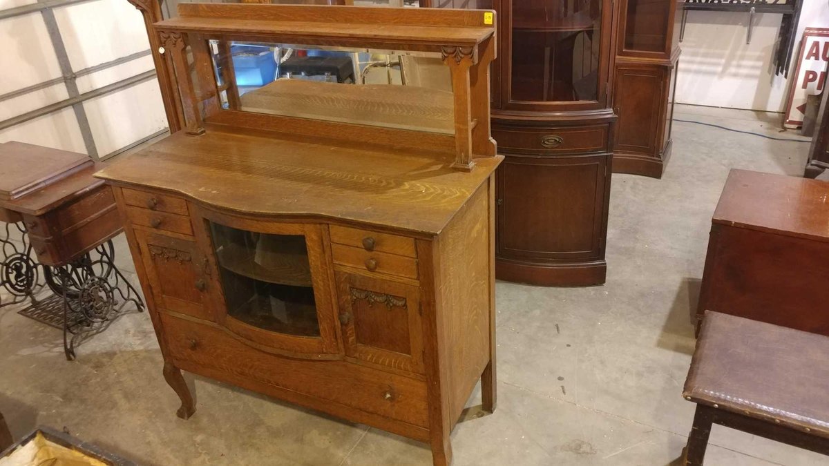 ANTIQUE WOODEN DRESSER W/GLASS DOOR AND MIRROR 