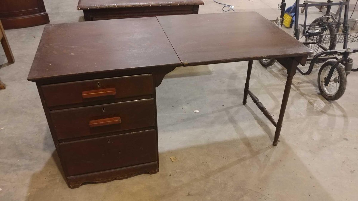 ANTIQUE WOODEN DESK W/FOLD DOWN SIDE & DRAWERS 