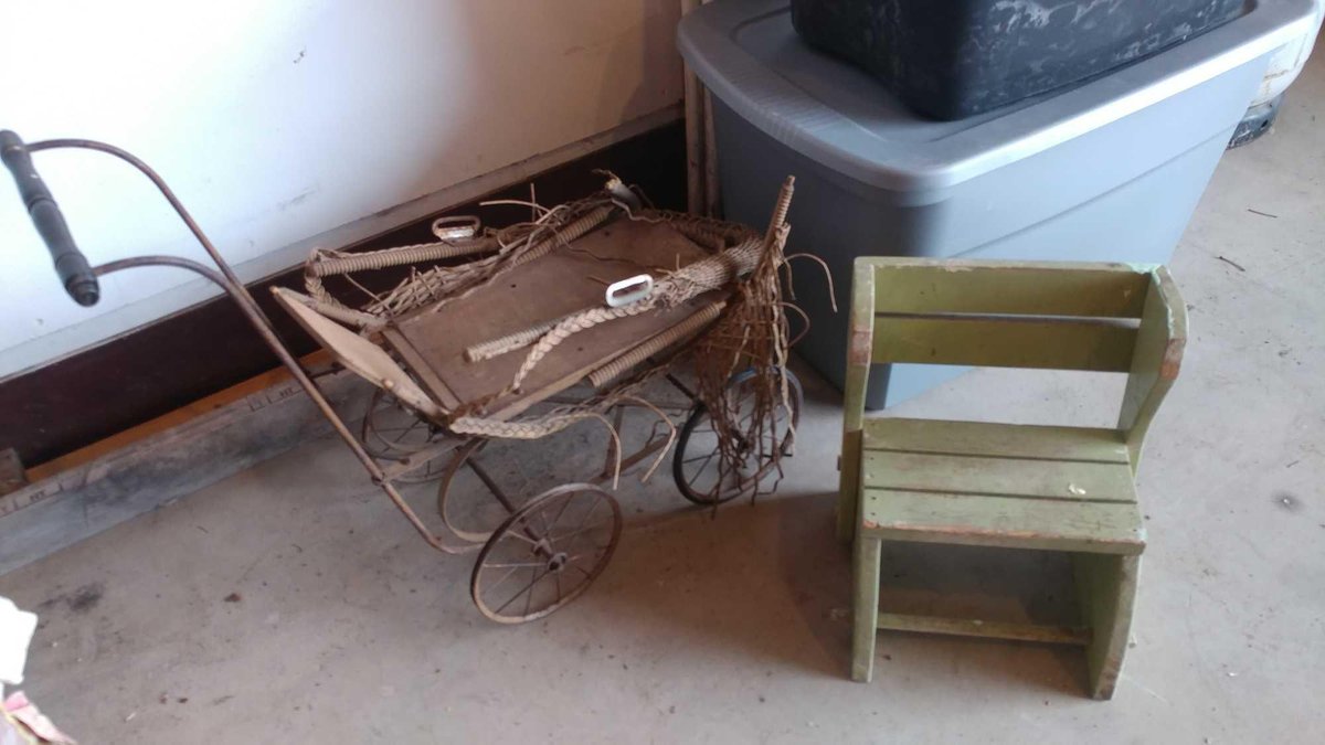 ANTIQUE DOLL STROLLER (BROKEN TOP) AND CHILD'S STOOL