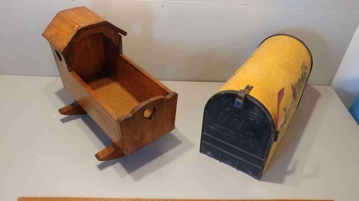 HANDMADE WOODEN DOLL CRADLE (23"L x 19"H) and LARGE U.S. MAILBOX