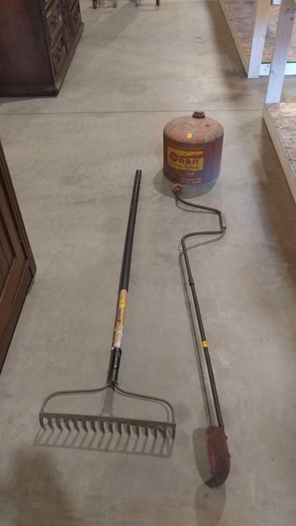VINTAGE MANUAL ICE AUGER and VINTAGE 5-GALLON GAS CAN and RAKE
