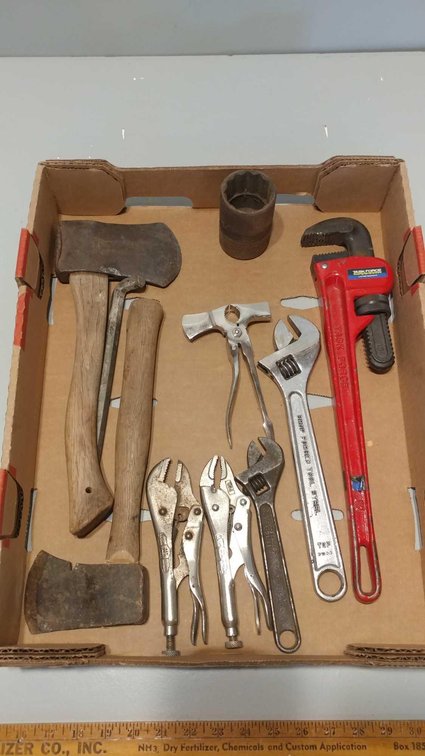 PIPE WRENCH, ASSORTMENT OF VISES, and HATCHETS