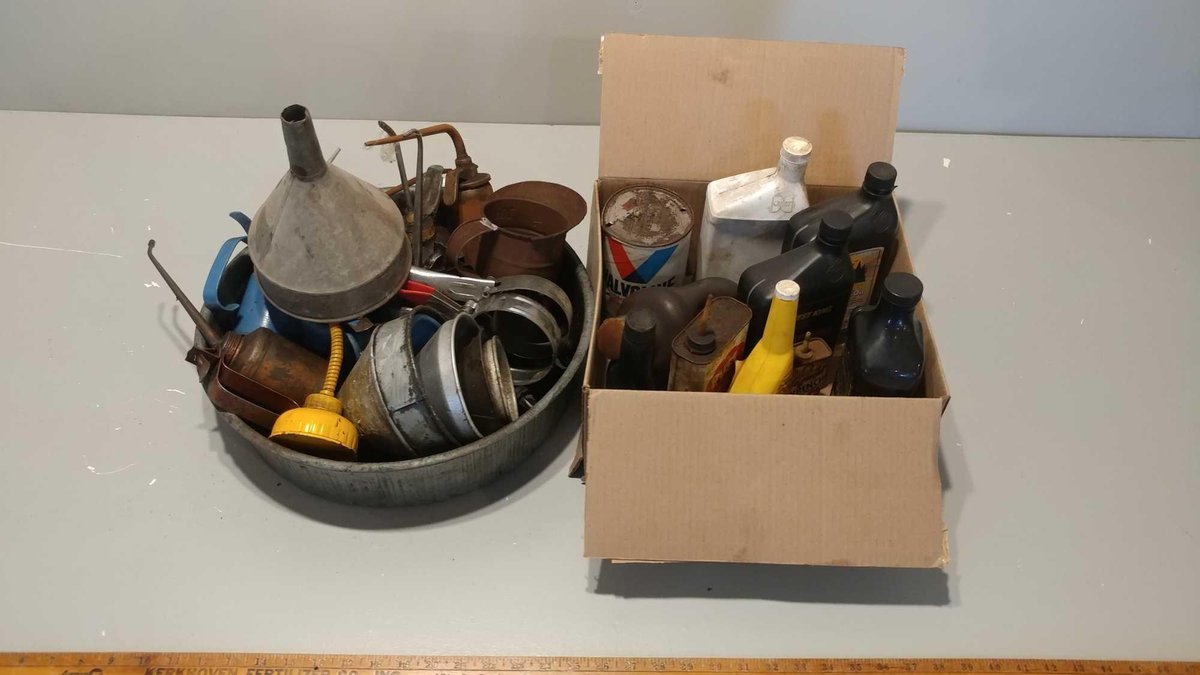 ASSORTMENT OF OIL CANS & FUNNELS and ASSORTMENT OF OILS & LUBRICANTS
