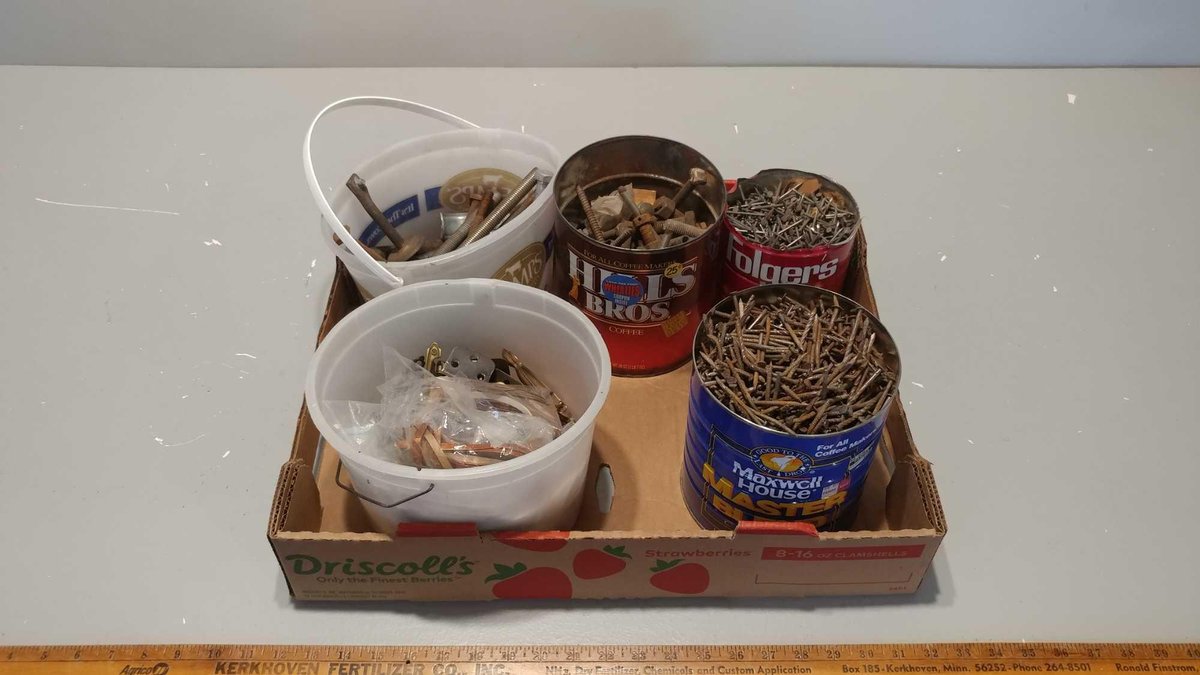 LARGE ASSORTMENT OF NAILS, SCREWS, BOLTS, & HINGES