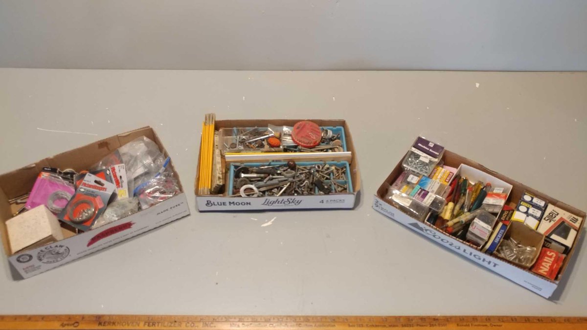 LARGE ASSORTMENT OF HARDWARE (NAILS, GLASS CUTTER, FOLDABLE MEASURING STICKS, ETC.)