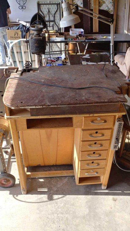 SHOP BENCH w/MULTIPLE DRAWERS, OUTLETS, & FRAMING VISES (43" x 40")