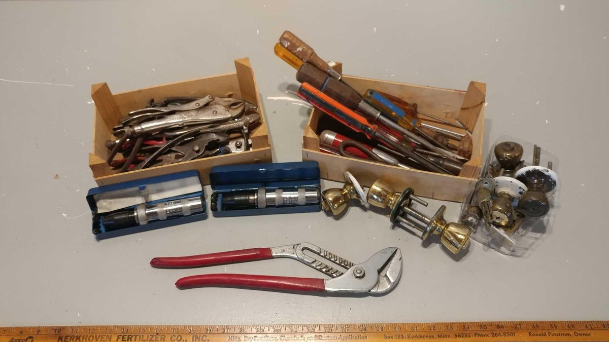 ASSORTMENT OF SCREWDRIVERS & DOOR KNOBS and ASSORTMENT OF PLIARS & CHANNELOCK