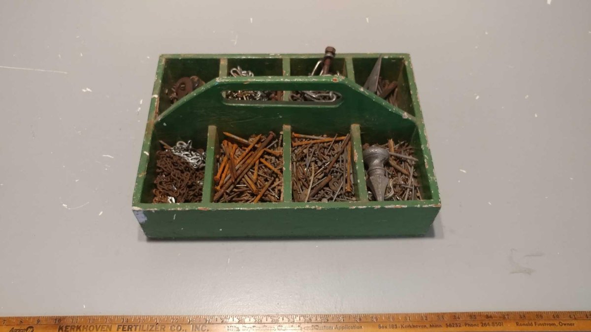 ASSORTMENT OF CHAINS (LARGE & SMALL), LARGE NAILS, AND MISC HARDWARE