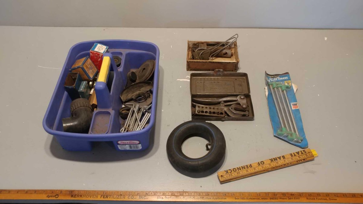 ANTIQUE WHITNEY JENSEN PUNCH NO. 5 JR. and ASSORTMENT OF TENT STAKES, RULERS, & MISC