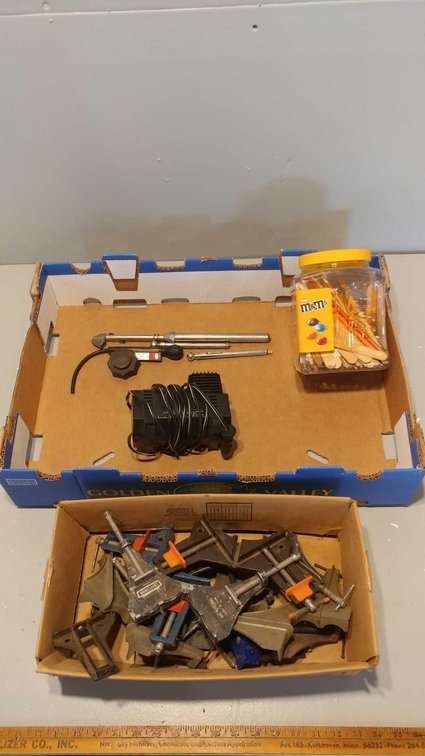 ASSORTMENT OF WOOD CLAMPS and SHOP PENCILS and PORTABLE AIR COMPRESSOR