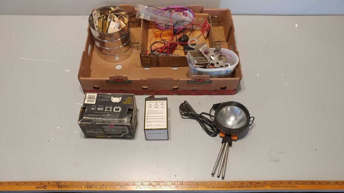 ELECTRIC TESTERS, VINTAGE BICYCLE PARTS, CABINET HARDWARE, HIGH BEAM HALOGEN LIGHT, OIL FILTER, ETC.