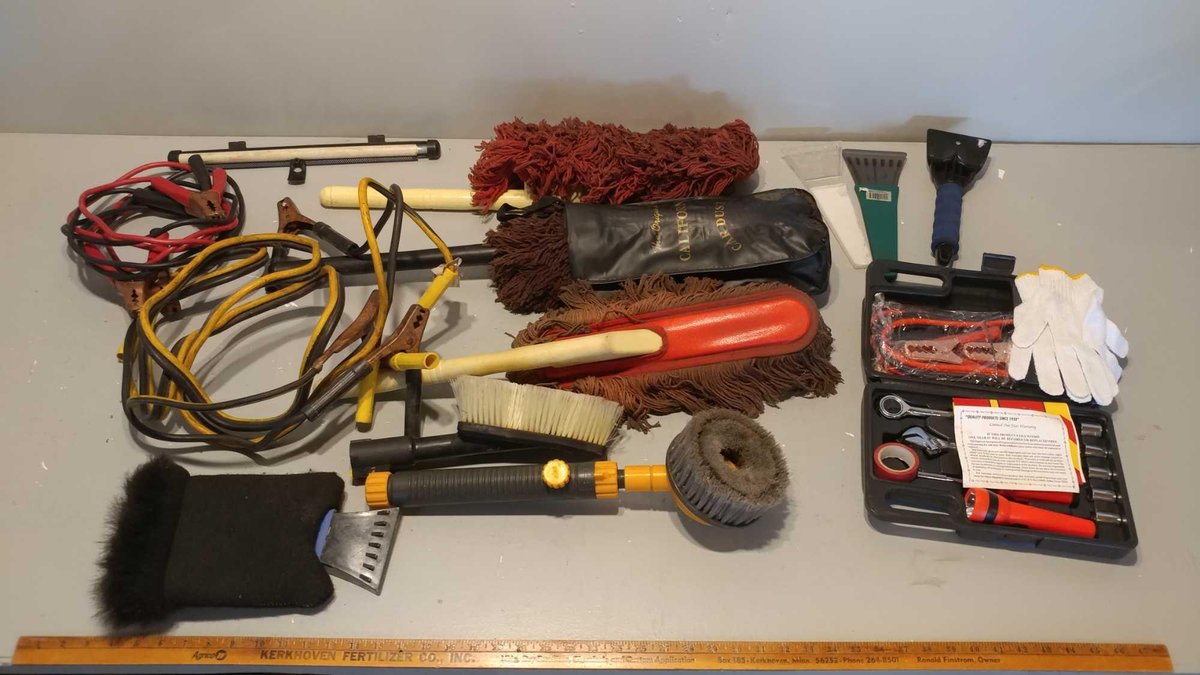 ASSORTMENT OF CAR DUSTERS, JUMPER CABLES, ICE SCRAPERS, & TOOL KIT
