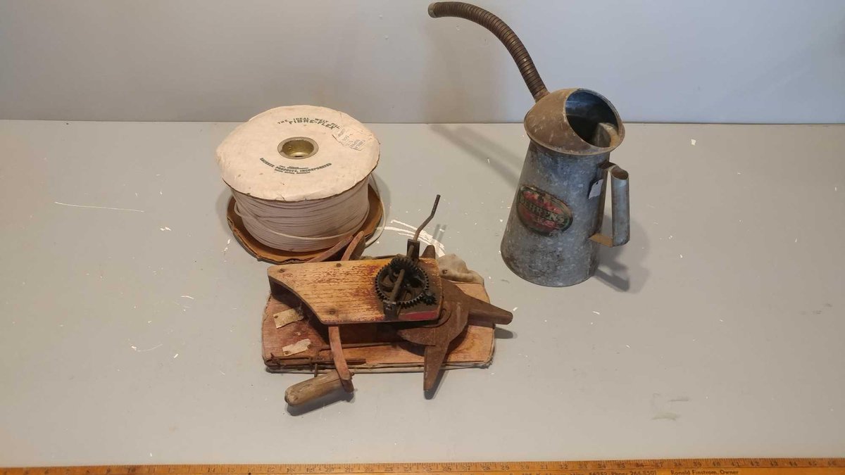 HANDMADE SEED SPREADER and VINTAGE BEHRENS OIL CAN and LARGE SPOOL OF ROPE