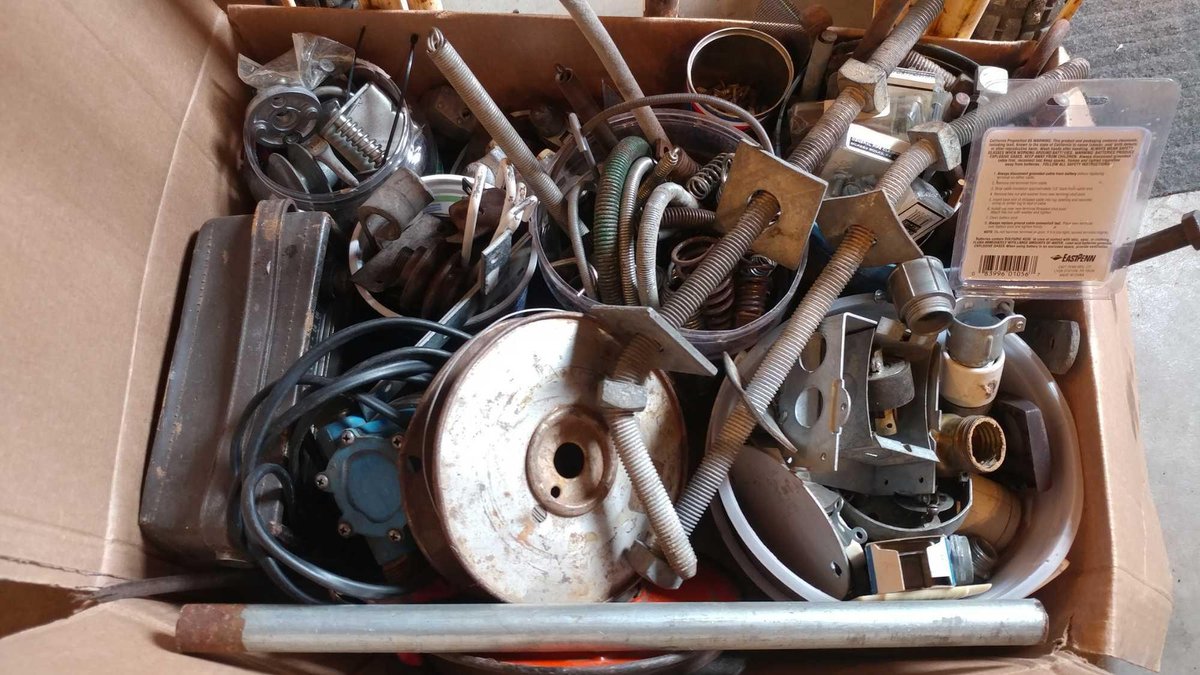 LARGE ASSORTMENT OF PULLEYS, SPRINGS, MISC HARDWARE and SHOP RADIO
