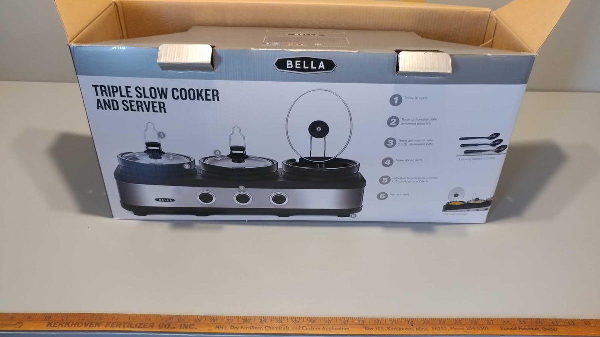 BELLA TRIPLE SLOW COOKER AND SERVER (w/3 SERVING SPOONS & LID RESTS)