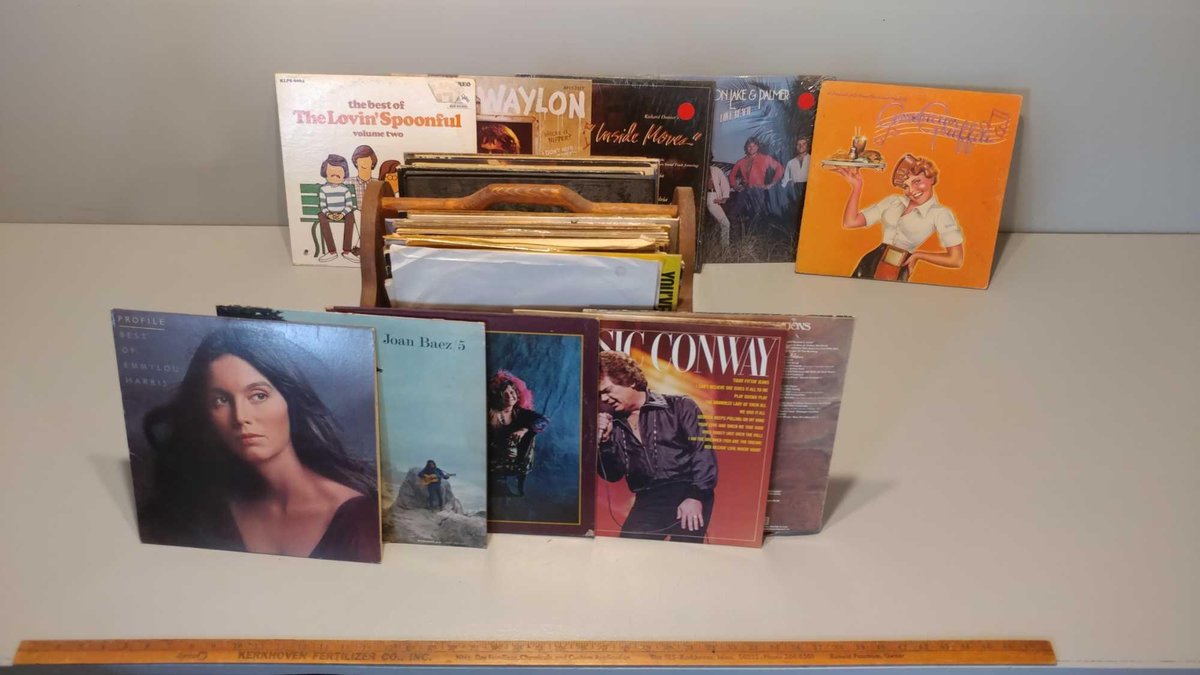 ASSORTMENT OF VINTAGE VINYL RECORDS and WOODEN STORAGE UNIT