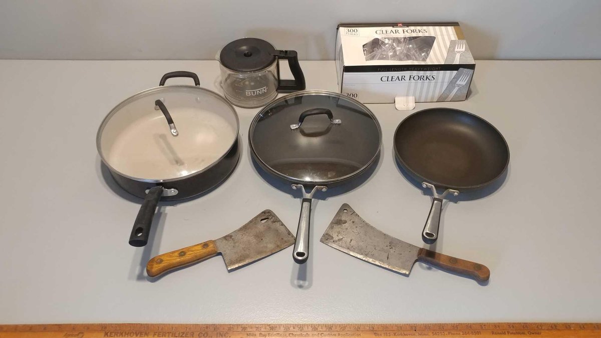 NONSTICK FRYING PANS and MEAT CLEAVERS and COFFEE POT and PLASTIC FORKS