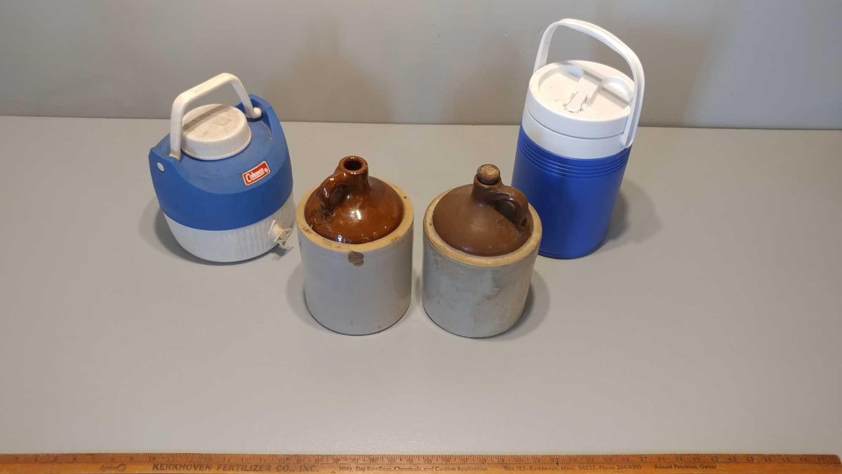 (2) WESTERN STONEWARE 1-GALLON CROCKS and (2) COLEMAN THERMOSES 