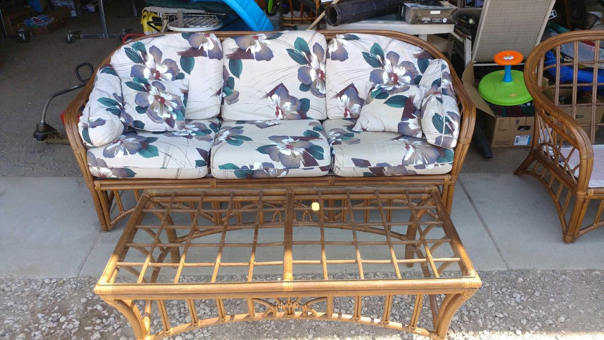 RATTAN OUTDOOR SOFA w/REMOVABLE CUSHIONS (61" x 25") and RATTAN TABLE w/GLASS TOP (49" x 24")