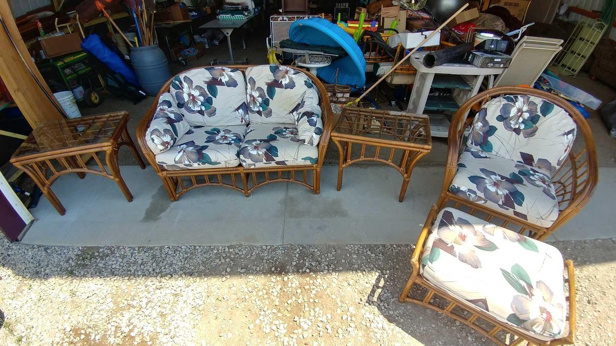 RATTAN LOVESEAT (45" x 23") & CHAIR w/OTTOMAN and (2) GLASS SIDE TABLES (H 22")