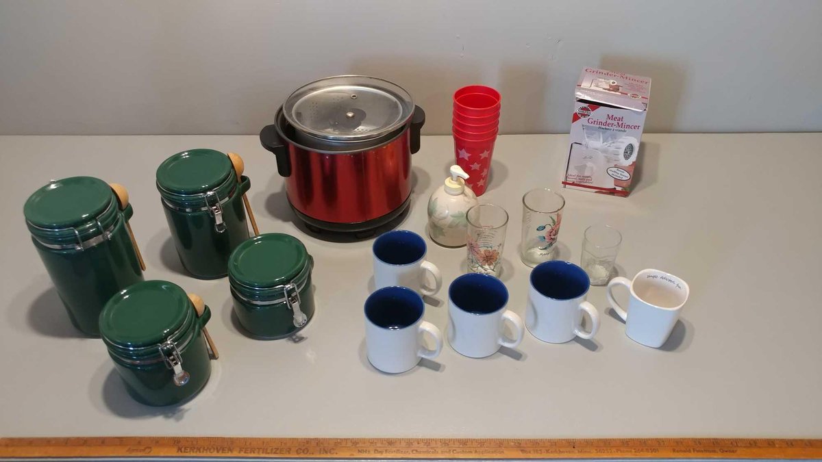 CONTINENTAL ELECTRIC CROCK POT and CERAMIC STORAGE CANISTERS and MEAT GRINDER-MINCER and GLASSES
