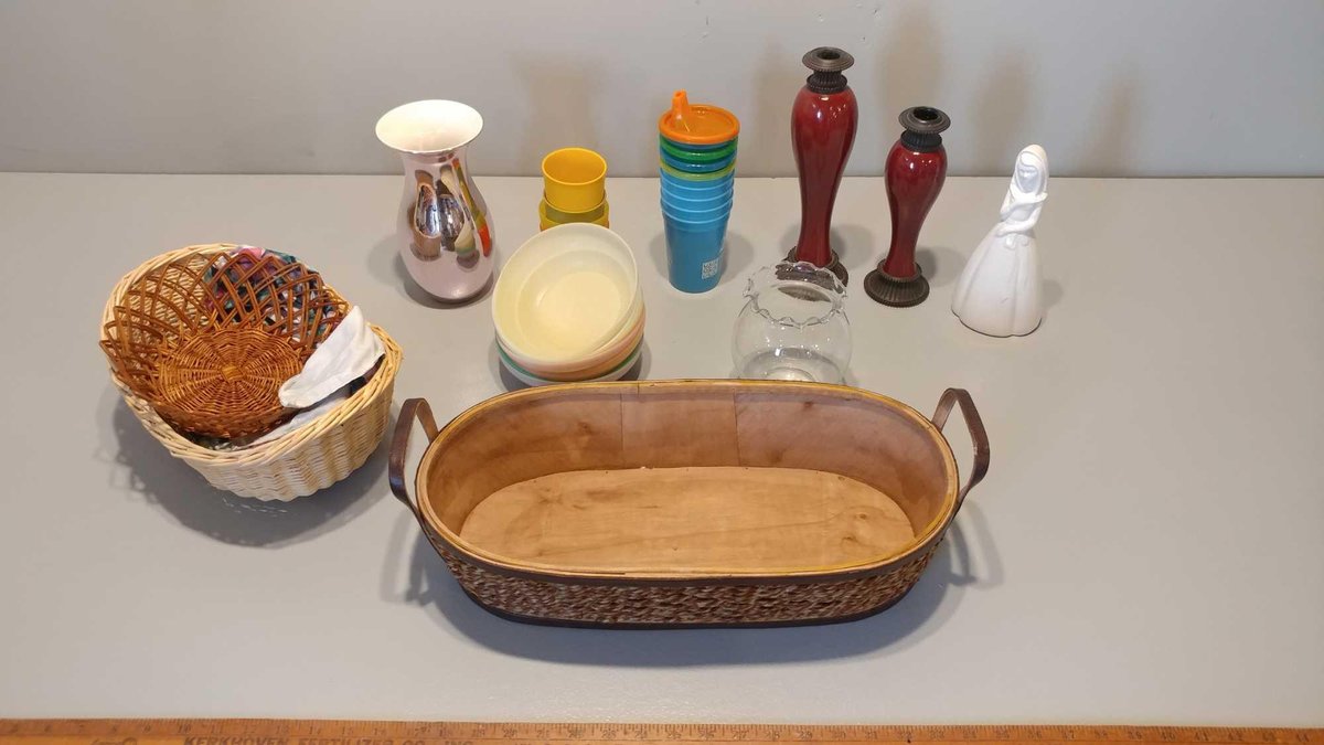 WICKER BASKETS and VASES and CANDLE HOLDERS and PLASTIC CUPS & BOWLS