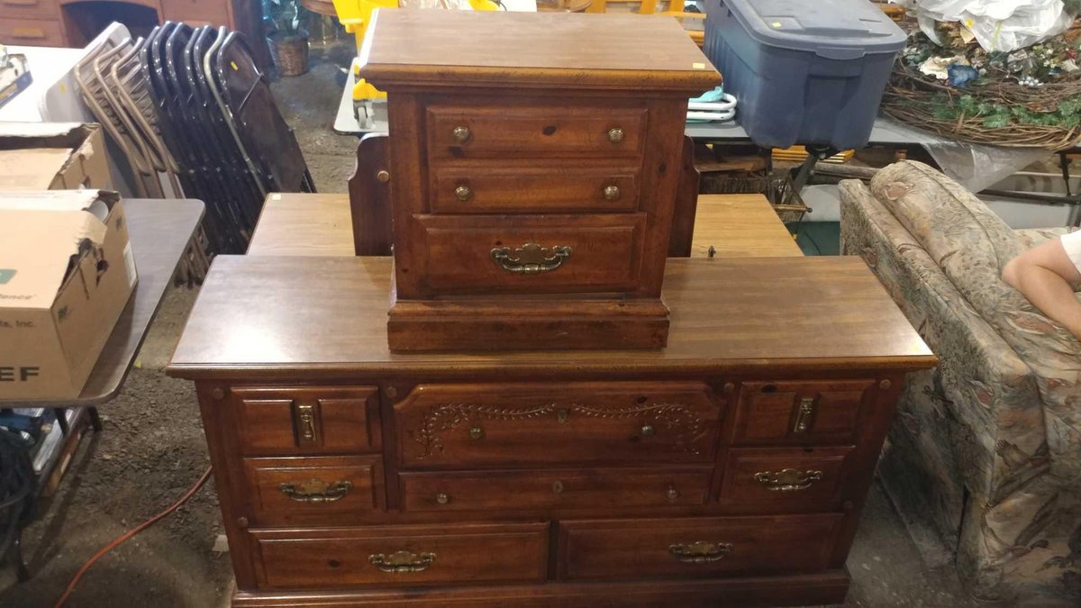 BEDROOM DRESSER (64" x 32" x 18") w/BACK-MOUNTED MIRROR (48" x 34") and SIDE TABLE (24" x 24" x 15")