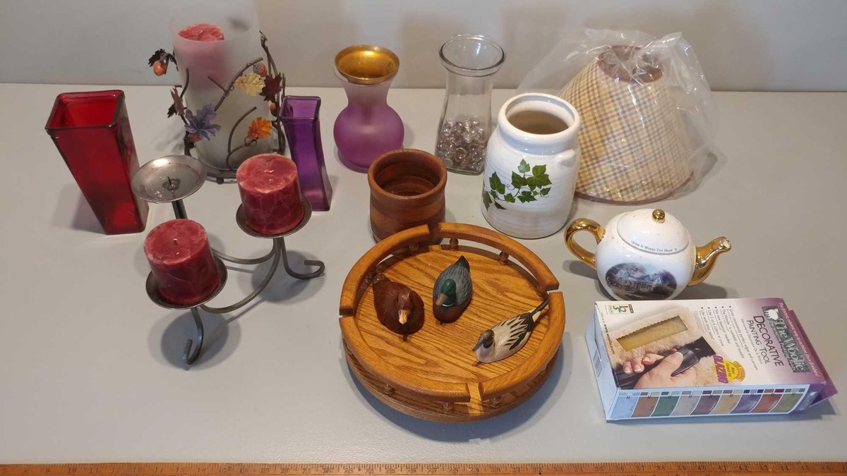 ASSORTMENT OF VASES, CANDLE HOLDERS, TEA POT, LAMP SHADE, & MISC.