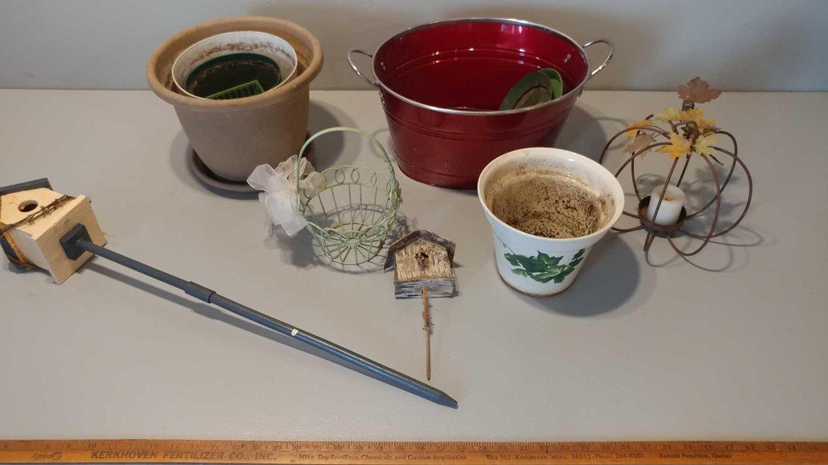 ASSORTMENT OF FLOWER POTS & PLANTERS and BIRD HOUSE