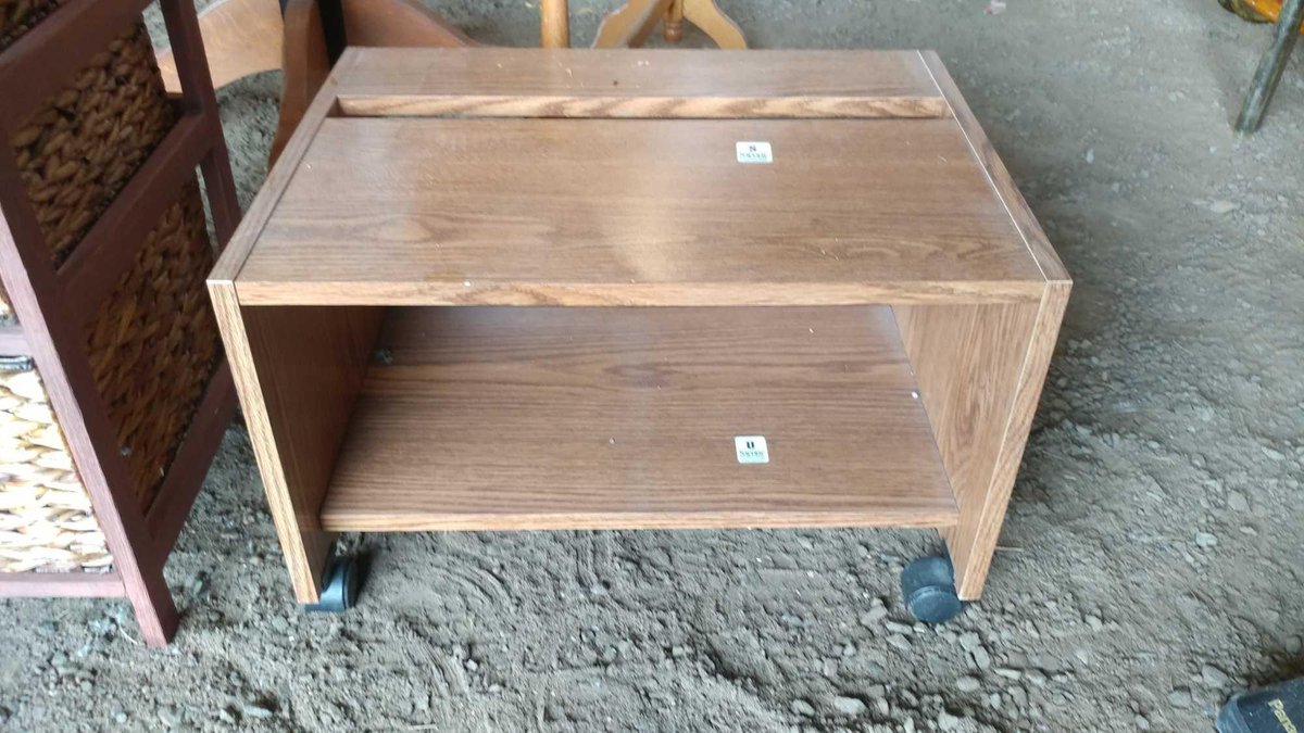 WOODEN SIDE TABLE w/SLIDING WICKER SHELVES (H 39") and WOODEN PLANT STAND (H 37") and MAGAZINE RACK