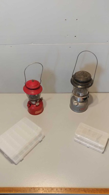(2) COLEMAN LANTERNS and (4) ORGANIZING BINS