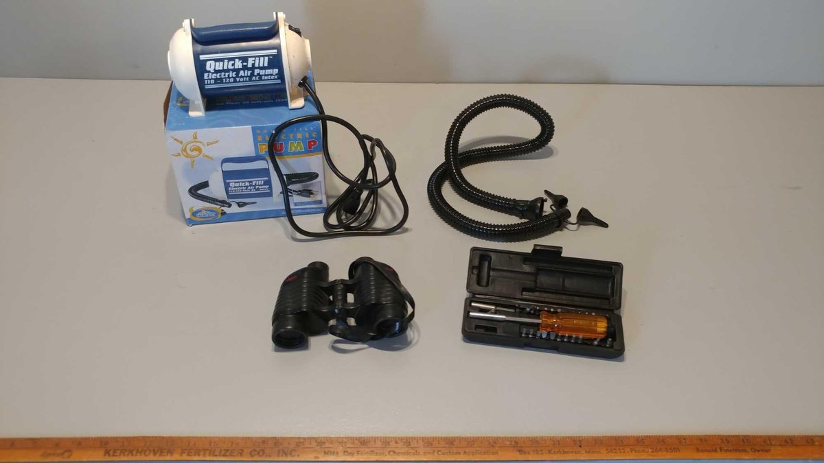 QUICK-FILL ELECTRIC PUMP (30 cupm) and SCREWDRIVER SET and BINOCULARS