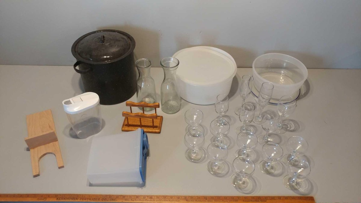 STOCK POT and ASSORTED TUPPERWARE and COLLECTION OF CORDIAL GLASSES and SPICE RACKS and VASES