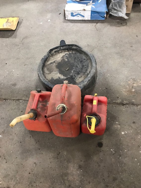 (3) GAS CANS AND OIL DRAIN CONTAINER 