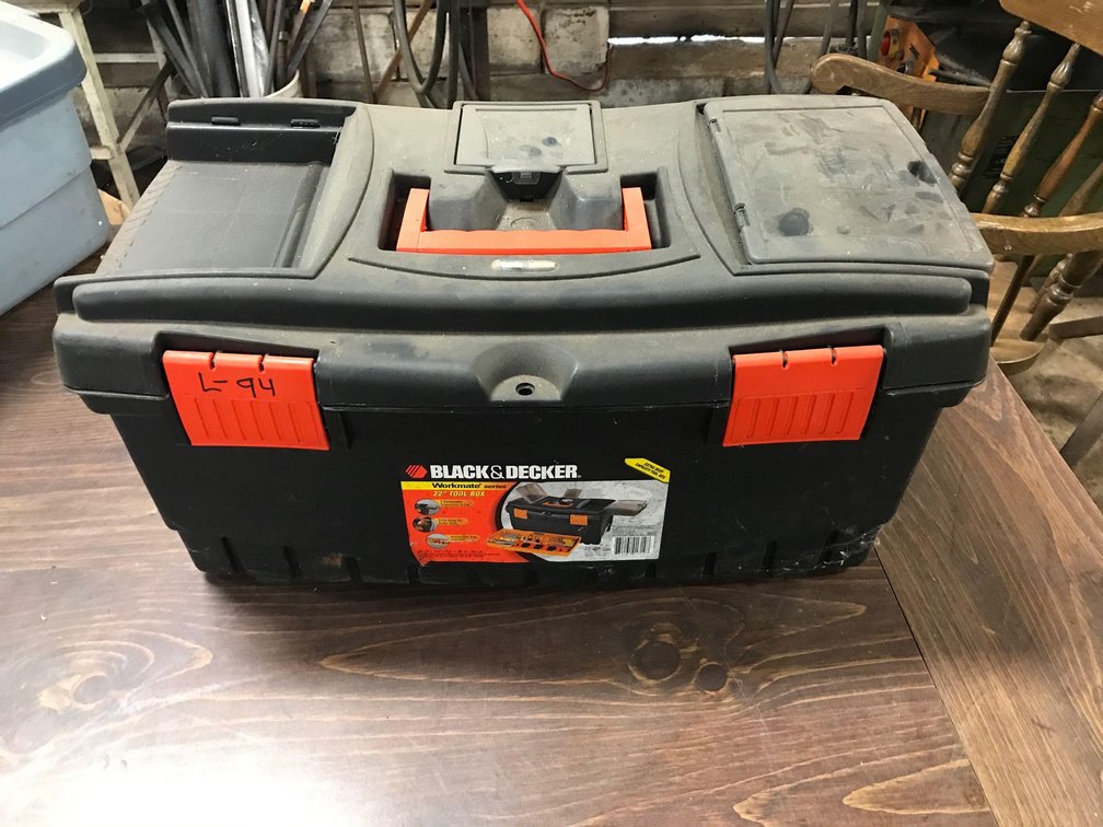 22" BLACK AND DECKER PLASTIC TOOL BOX WITH PLUMBING TOOLS AND SUPPLY'S 