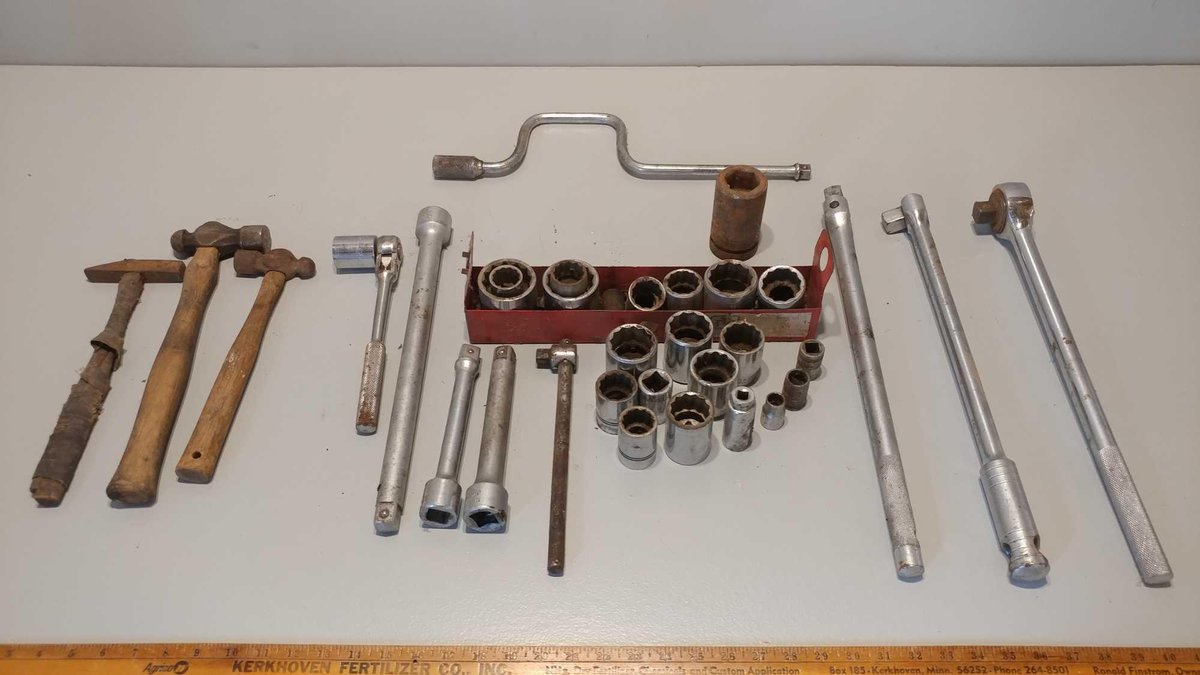BREAKER BAR and LARGE ASSORTMENT OF 3/4" SOCKETS and MISC TOOLS