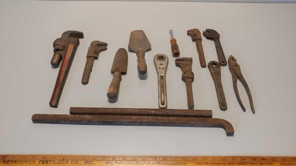 ASSORTMENT OF ANTIQUE WRENCHES and MISC TOOLS